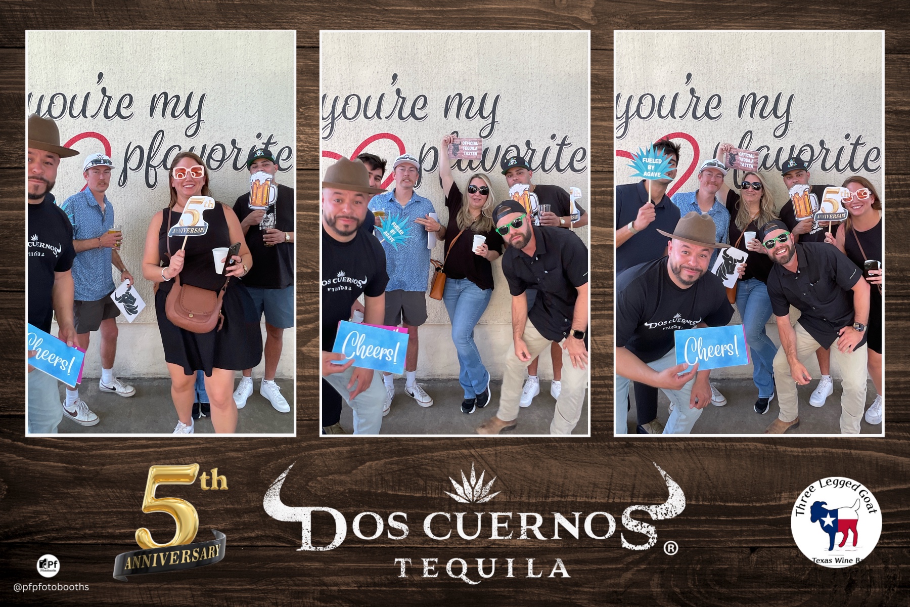 Dos Cuernos Tequila Photo Booth in Pflugerville - three pictures, group holding props